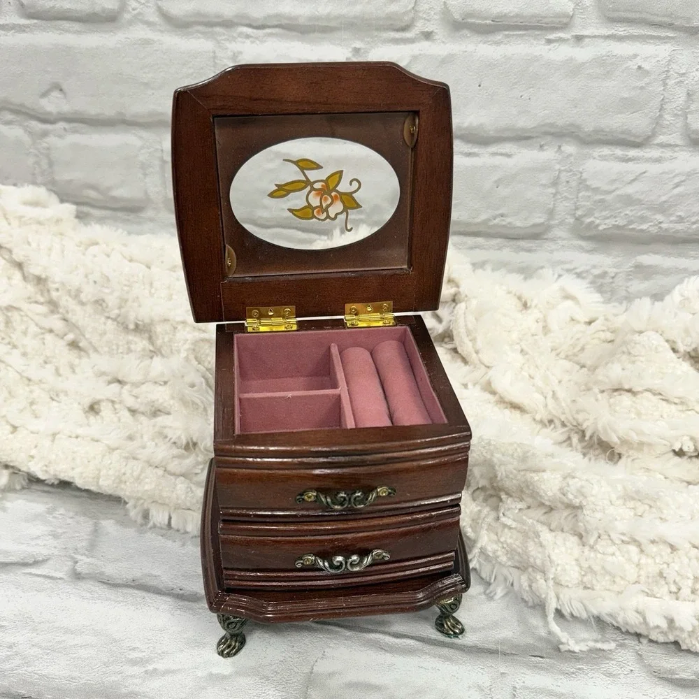 Vtg MeLe Small Wood Claw Foot Jewelry Music Box Stain Glad  Flower Pretty Dainty